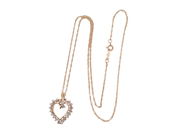 10K Yellow Gold Diamond Heart Shaped Pendant and 14K YG Rope Chain