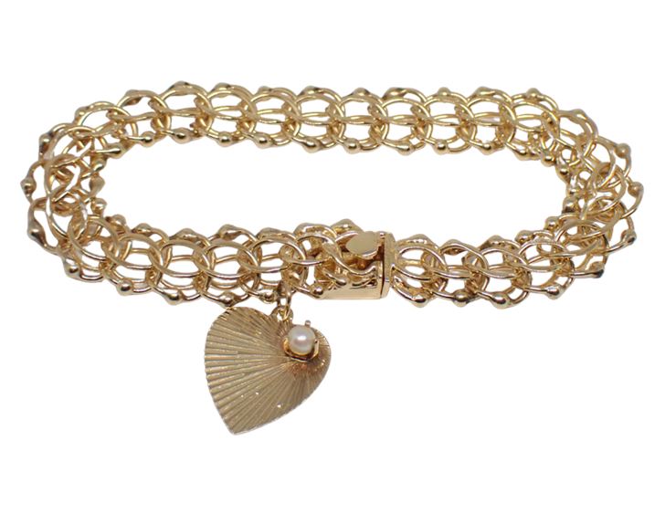 14K Yellow Gold Double Spiral Link Charm Bracelet with Pearl on Heart Charm