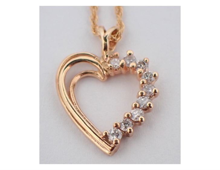 14K Yellow Gold Diamond Heart Shaped Pendant and Rope Link Chain