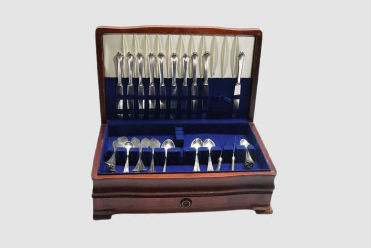 Sterling Silver Flatware Service With Wooden Case