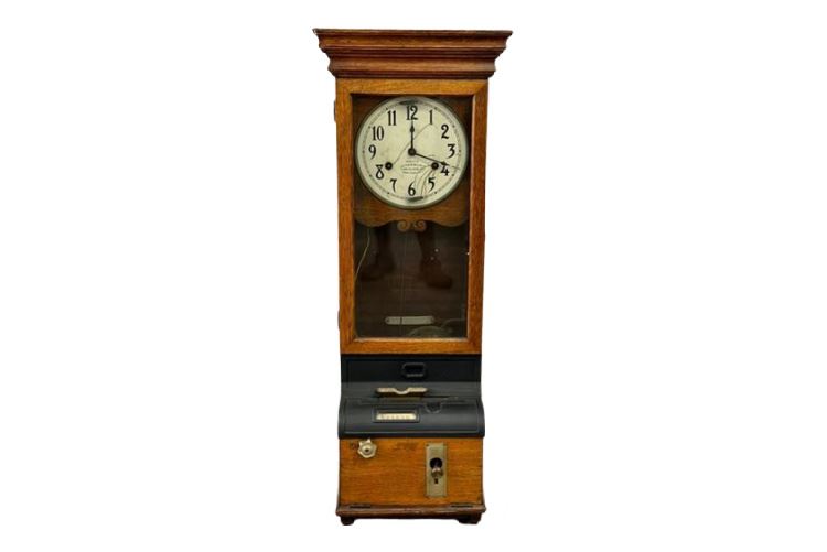 Antique International Time Recording Co. Golden Oak Wood Wall Mount Time Clock