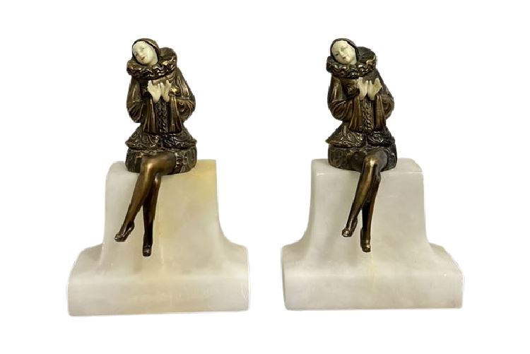 Pair Art Deco Marble Harlequin Bookends