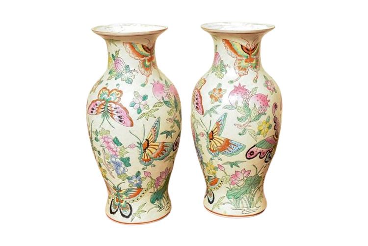 Pair Chinese Porcelain Butterfly Vases