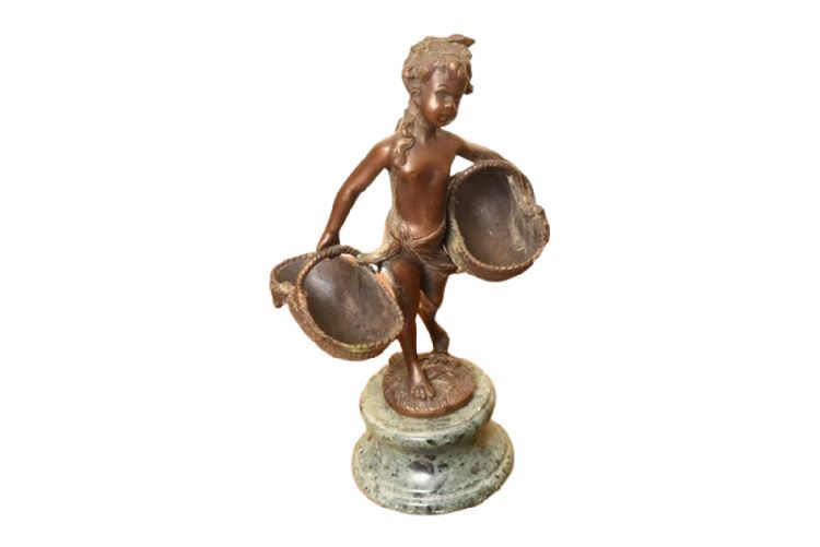 Bronze Sculpture Of Girl With Baskets On Marble Base