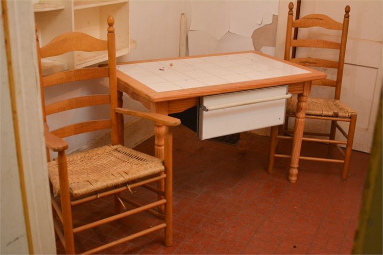 Vintage Tile Top Table With Two (2) Rush Seat Ladder Back Chairs