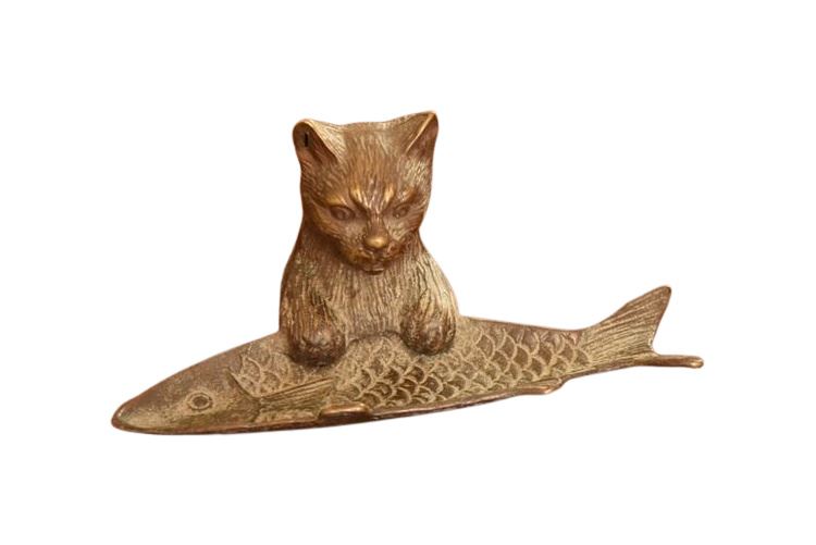 Antique Bronze Cat and Fish Desk Pen Tray