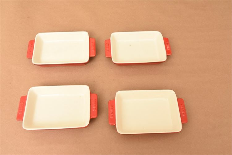 4, red and cream, shallow, rectangular ironstone dishes, individual serving