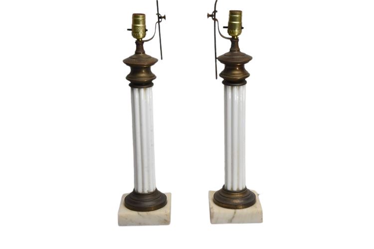 Pair Column Form Stick Lamps With Marble Bases