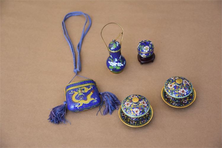 Assortment of miniature cloisonné trinket boxes and bowls, saucers  marked