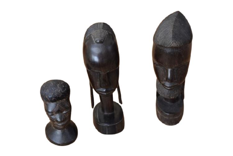 Ebony, African, hand carved head sculptures.