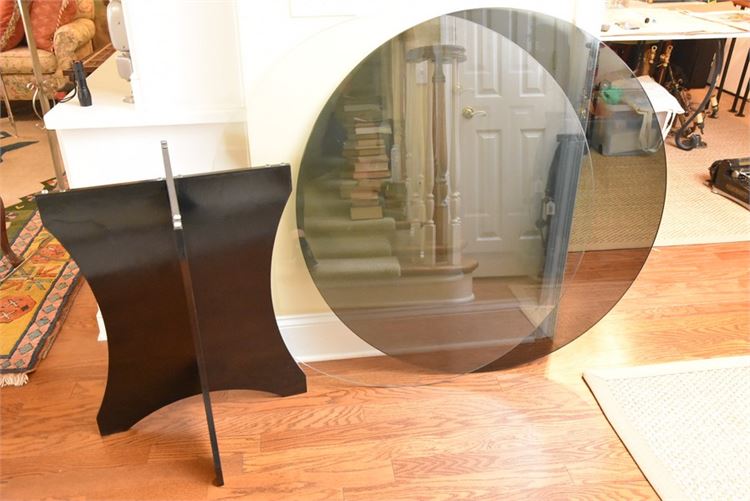 Two, 42” round glass table tops with early 90’s Memphis Style wooden base.