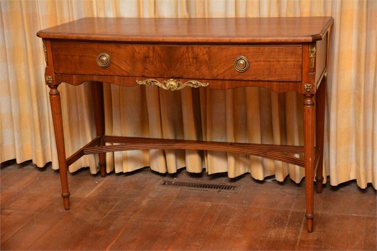 One Drawer Side Table With Brass Accents and Stretcher Base