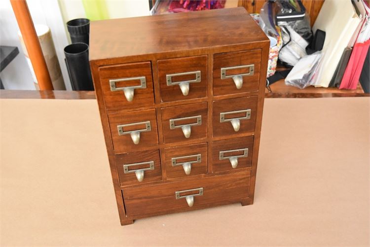 Desk top wooden librarian’s  index card box, brass handles and brass holders