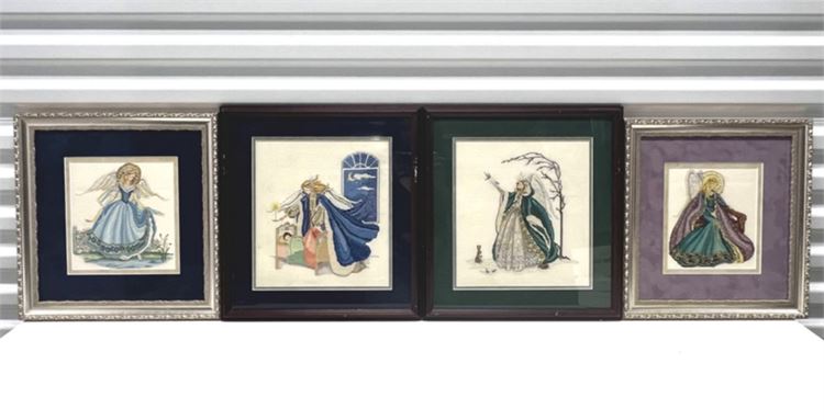 Vintage Handmade Cross-Stitch Peace Angels Framed Art, Set of 4