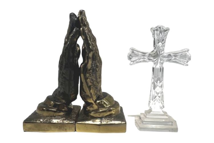 Crystal Cross and Prayer Hand Bookends, 3 Pc