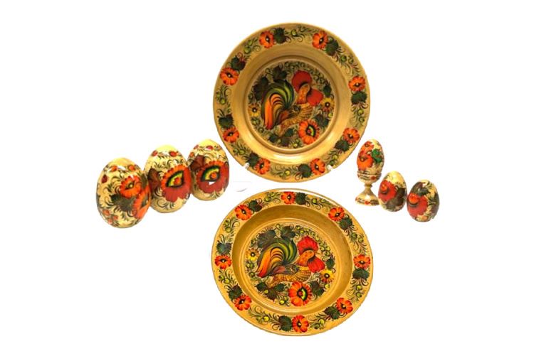 Russian Khokhloma Bird Style Platters and Eggs, 9-Pc Set