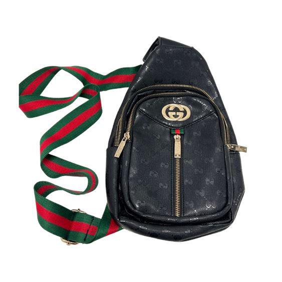 Vtg Black GG Imprime Monogram Style Crossbody/Msgr Bag, Red Green Web Strap