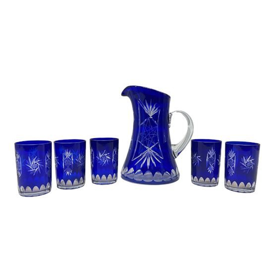 Vintage Blue Crystal-Cut Pitcher and Glasses, Set of 6