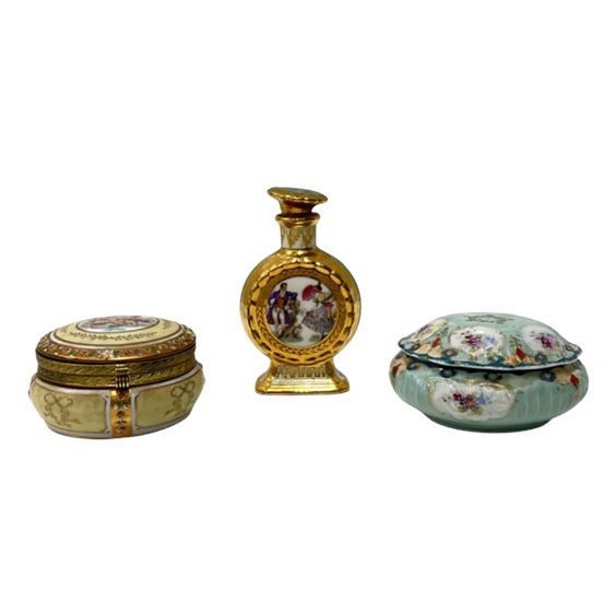 Le Mieux 24 Karat Perfume Bottle and Porcelain Trinket Boxes, 3 Pc