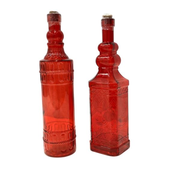 Pair Decorative Red Glass Bottles with Cork Stoppers