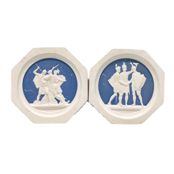 Pair Wedgewood Jasper 3D Roman Soldier Octo Plates, 2 Pc Set