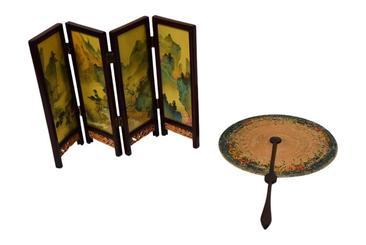 Asian Table Top Screen and Rattan Hand Fan