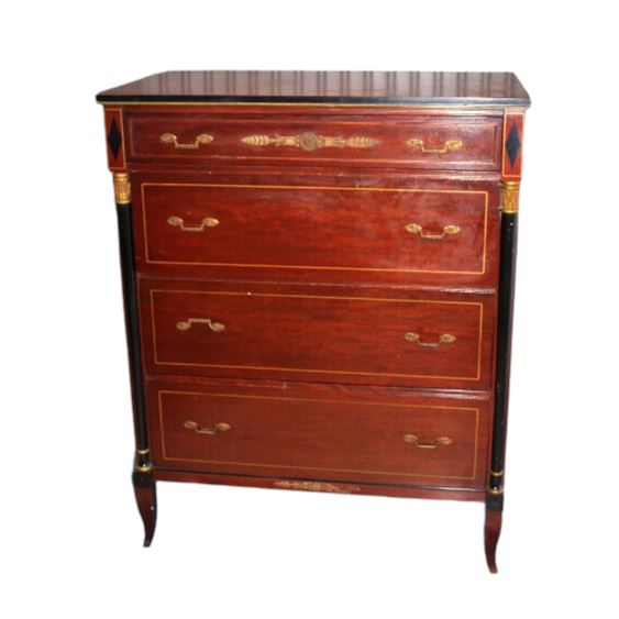 French Empire Neoclassical Style Mahogany 4-Drawer Chest Highboy