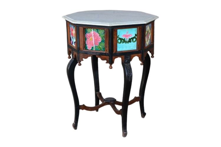 Portuguese Colonial Tile Inset Octagonal Side Table