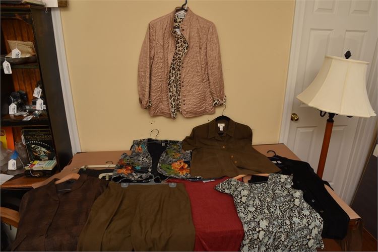 Assortment of jackets, tops, pants + vests from Chicos, (1), (2).