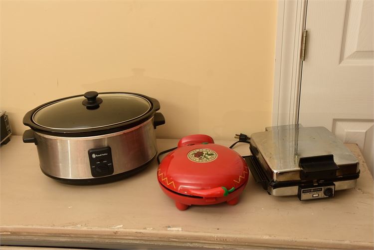Front Gate automatic slow cooker, gently used; waffle maker,  quesadilla maker
