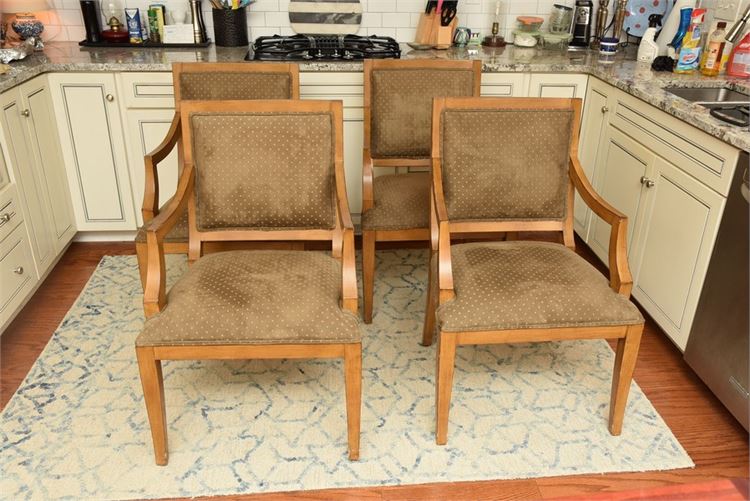 4, Exposed wood frame and upholstered chairs with straight square back(see descr