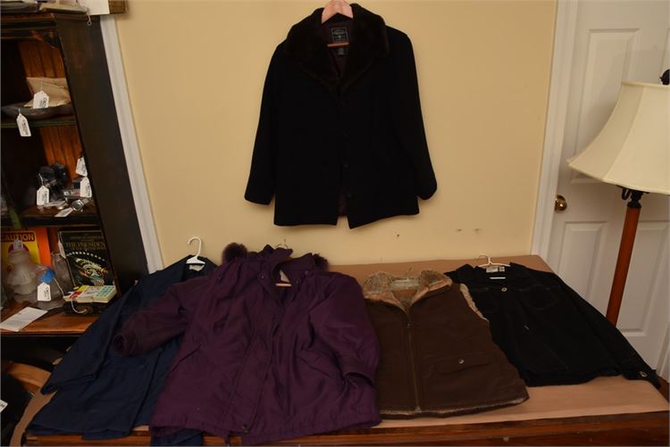 Lot of 4 jackets and 1 vest, three have faux fur