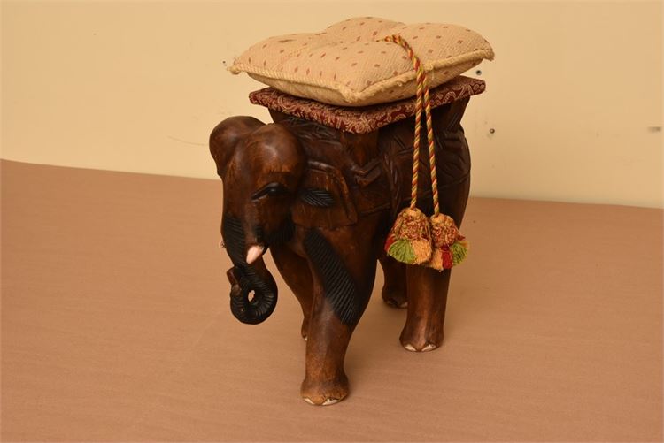 Large and heavy, Carved wooden Indian elephant statue with decorative pillow