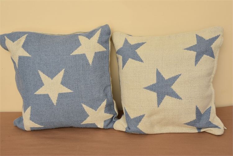 2, 24” sq., Annie Selke woven pillowcases in cream and french blue