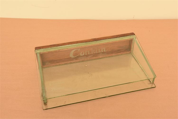 Conklin Crescent Filler Fountain Pen and Pencil glass display case, rare antique
