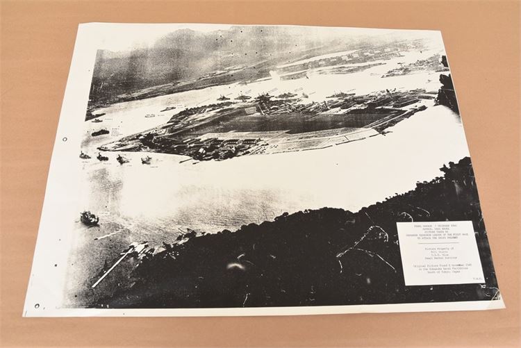 Print of a photo of the bombing of Pearl Harbor. (See description)