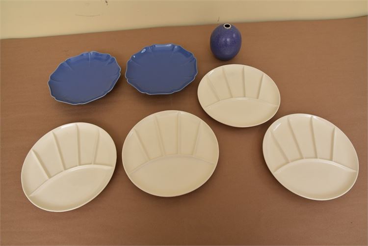Assortment of blue and white hors d’oeuvre plates and one signed blue vase