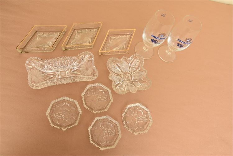 Lot of decorative cut glass servers, two Paulaner beer glasses