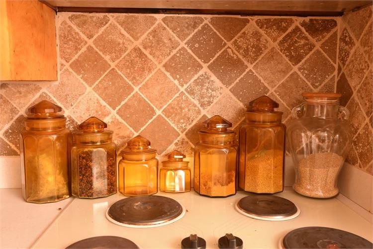 Group Amber Glass Kitchen Jars