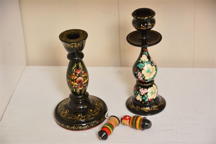 Two (2) Paint Decorated Candlesticks