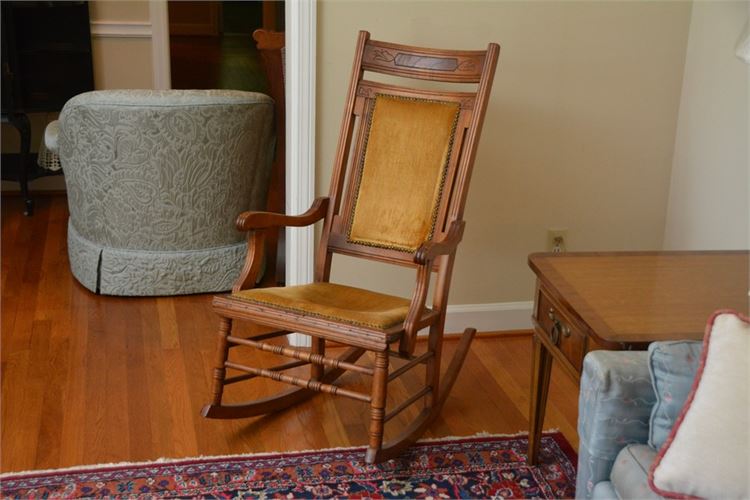 Vintage Rocking Chair With Upholstered Back and Seat and Nailhead trim