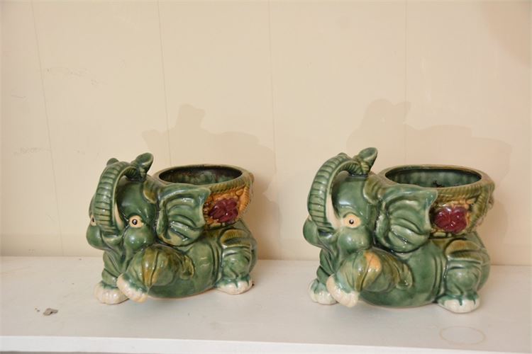 Pair Vintage Majolica Style Large Elephant Planters