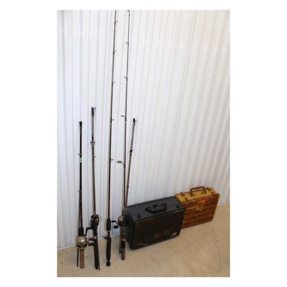 Group Lot of Fishing Rods, Tackle Box & Contents