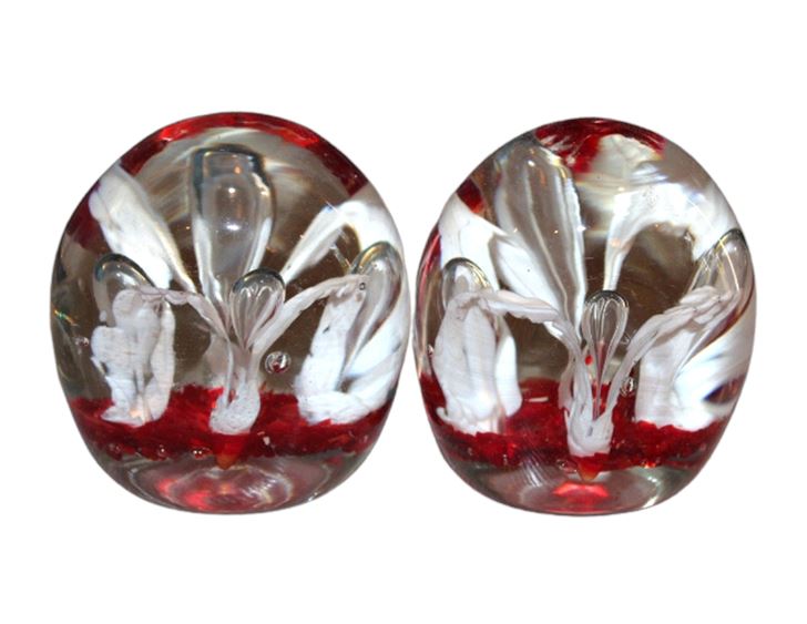 Vintage Pair Bubble Glass White Flowers on Red Paperweights, Heavy