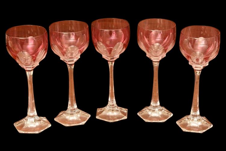 Five (5) Cranberry Glass Wine Goblets