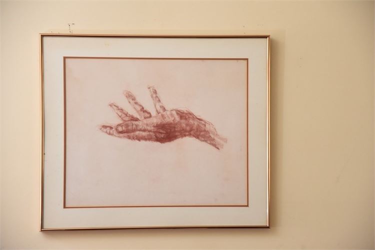 Brown chalk and pastel drawing of architect’s hand, by GA Tech. architect