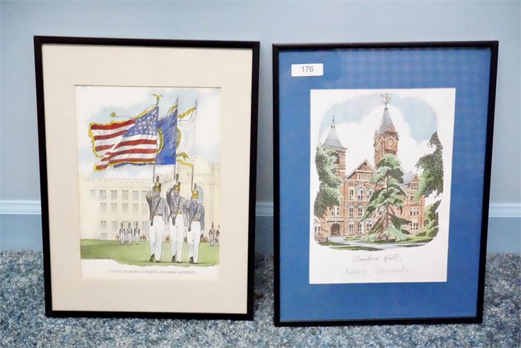 Pair Framed Military School Drawings