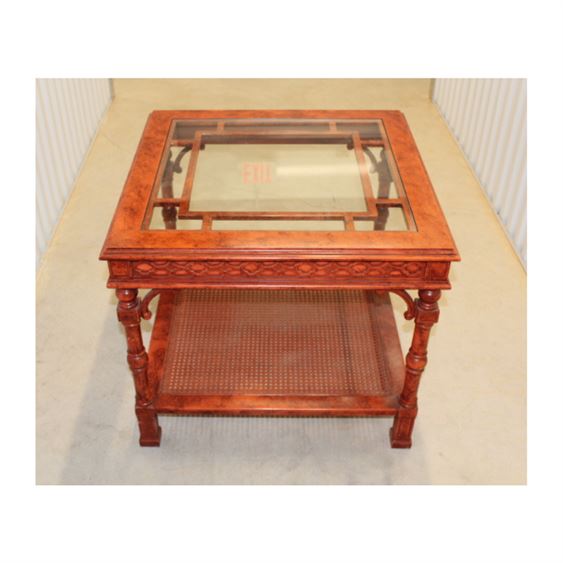 Red Chinoiserie Style Fretwork Side Table with Glass Top