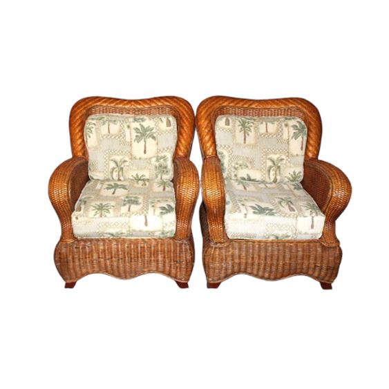 Vintage Pair Coastal Woven Rattan Arm Lounge Chairs with Cushions