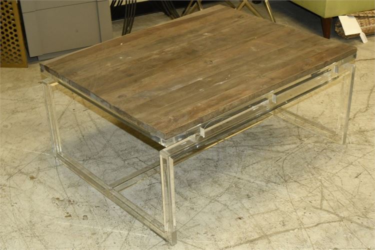 Modern Lucite Base Coffee Table With Rustic Wooden Top